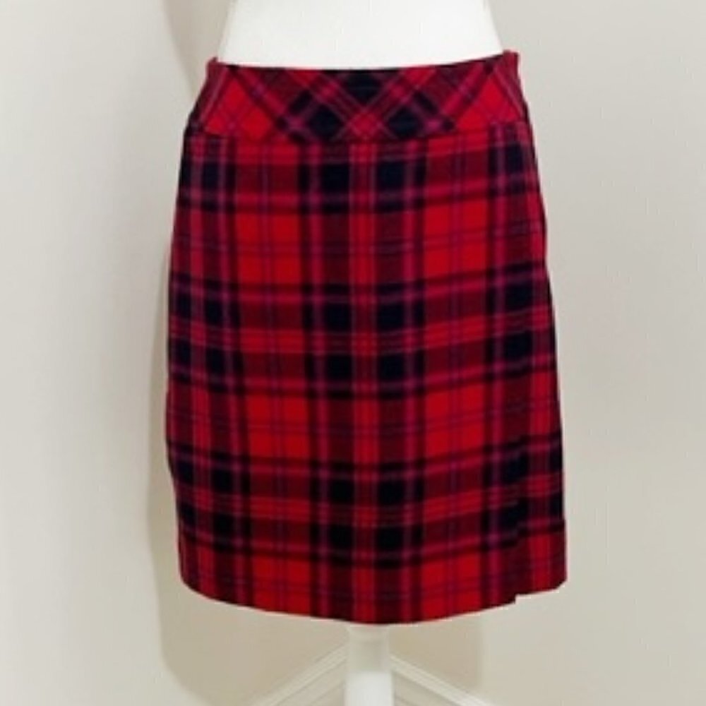 Talbots Petites Red & Black Plaid Wool Blend A-Line Skirt